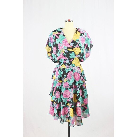 Vintage 90's EMBLEM Black Floral Georgette Crepe Tiered Ruffle Dress, Size S/M - Picture 1 of 12
